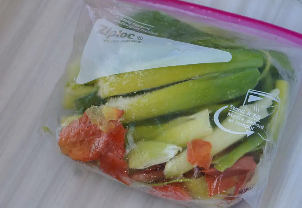 ziploc bag with vegetable scraps