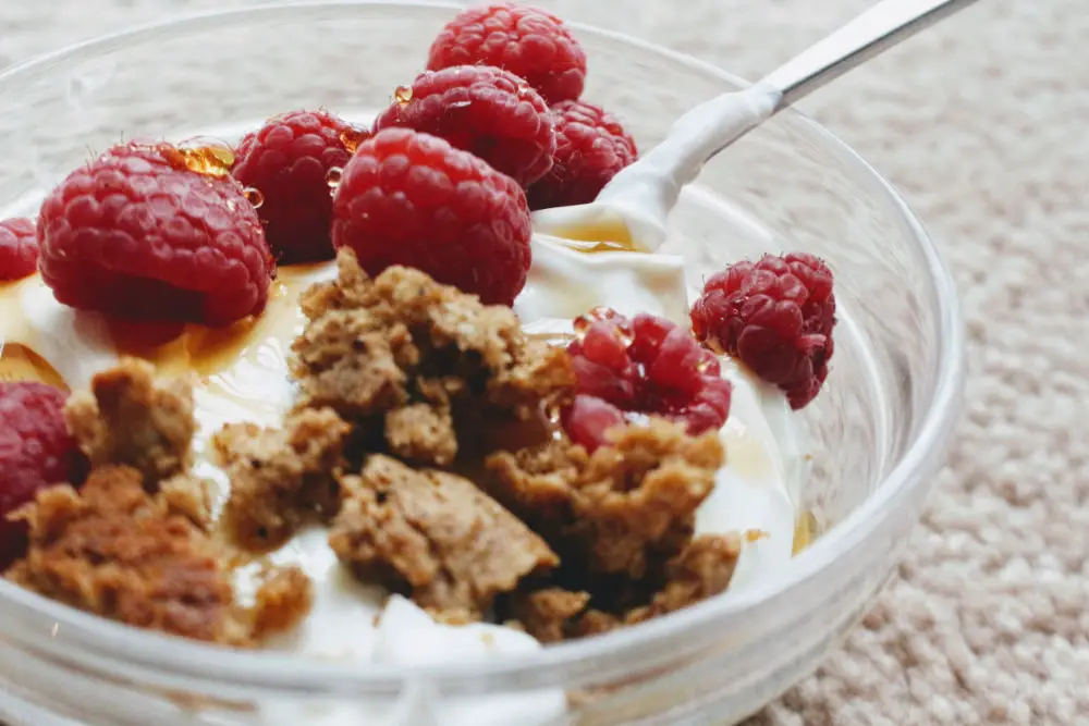 bowl with greek yogurt raspberries and cereal